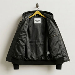 Interior view of Black Leather Puffer Bomber Jacket with premium lining and Leather Unit tag