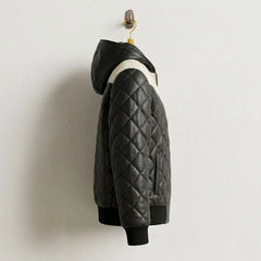 Side profile of Men's Black Two-Tone Hooded Leather Puffer Jacket
