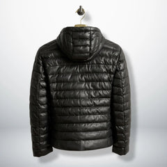 Black Hooded Puffer Leather Jacket back view showing quilted design - Leather Unit