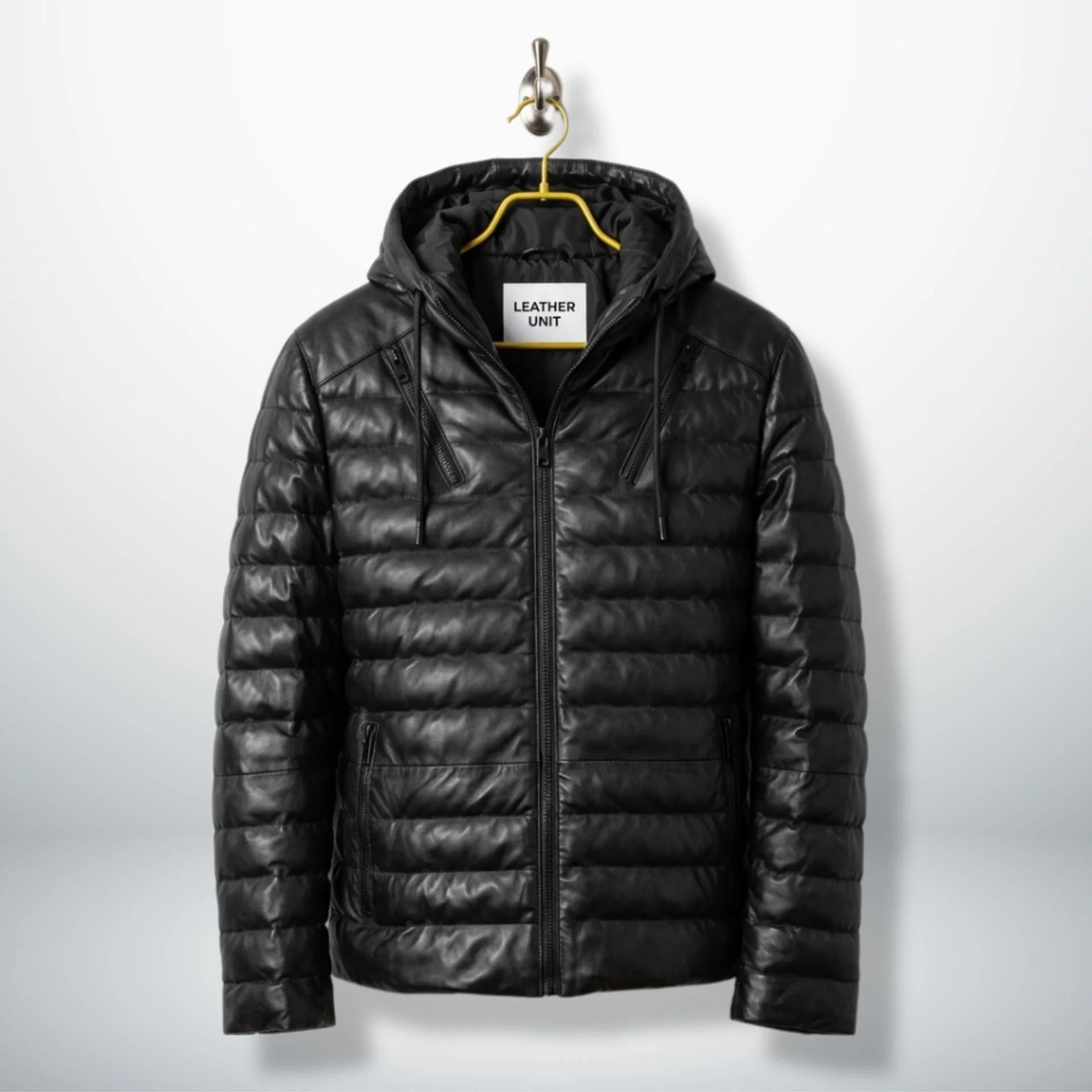 Men's Black Hooded Puffer Leather Jacket front view - Genuine Sheepskin by Leather Unit