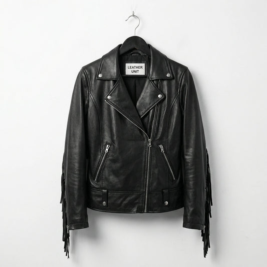Front view of womens black leather fringe biker jacket by Leather Unit