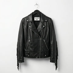 Front view of womens black leather fringe biker jacket by Leather Unit