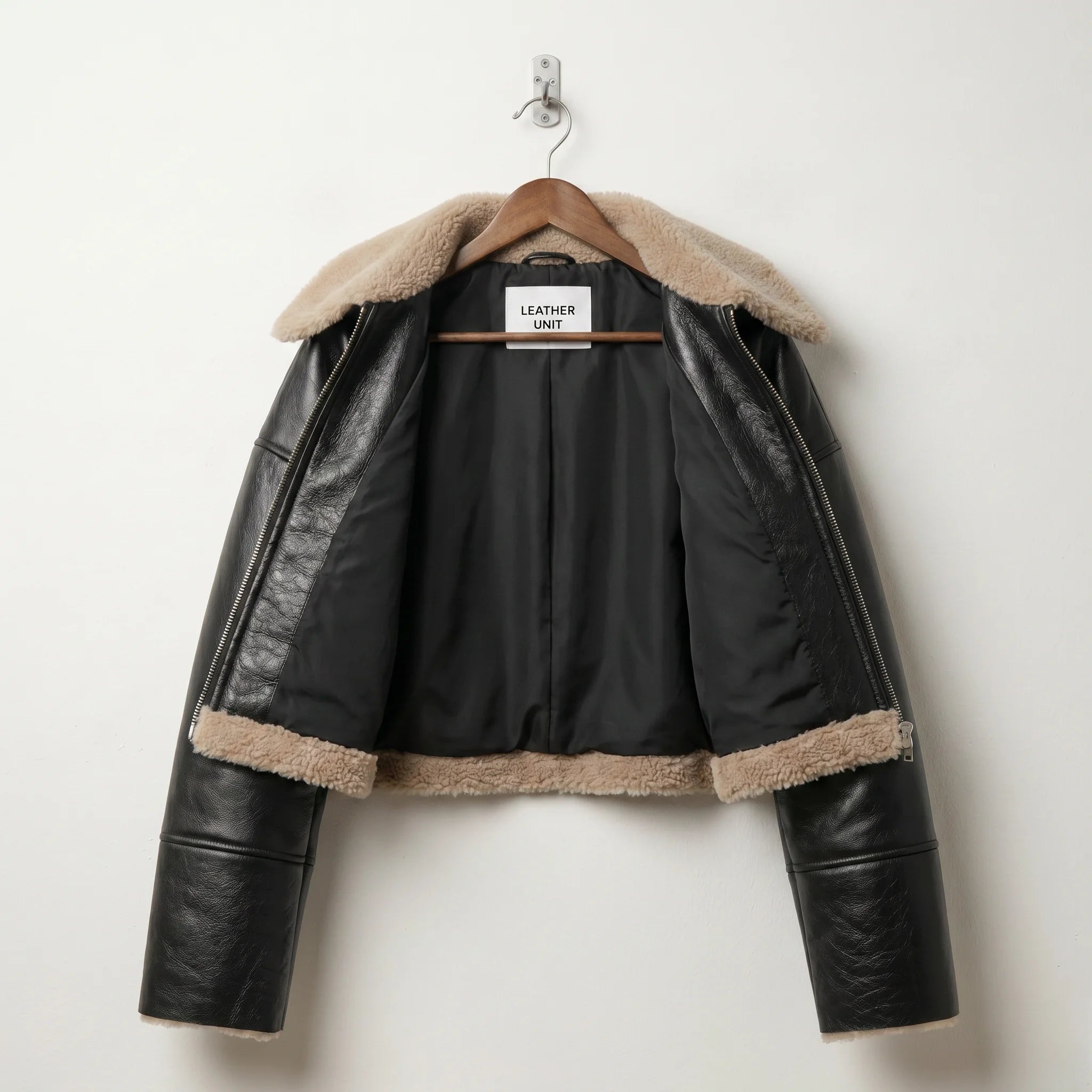 Inside view of Leather Unit black shearling cropped jacket with lining