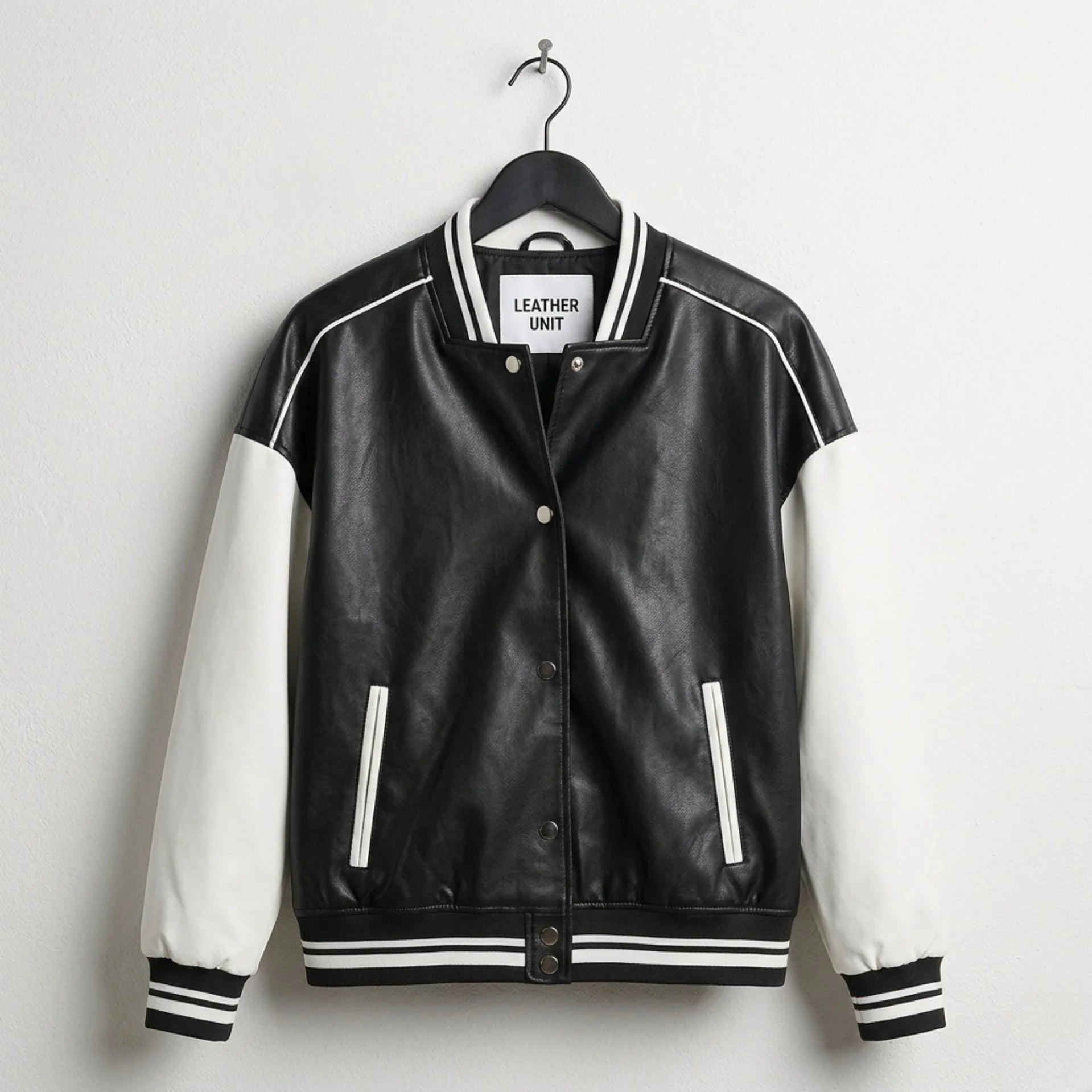 Front view of black and white varsity bomber leather jacket by Leather Unit