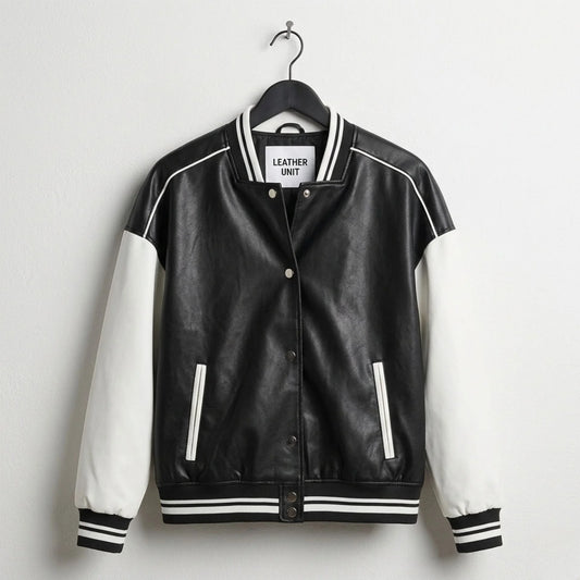 Front view of black and white varsity bomber leather jacket by Leather Unit