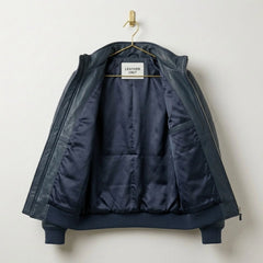 Interior of Blue Leather Puffer Bomber Jacket with Leather Unit branding