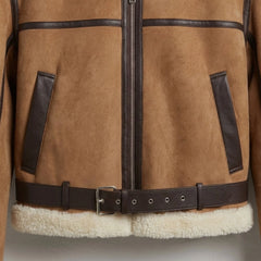 Sleeve zipper and sherpa cuff detail on womens brown shearling aviator jacket