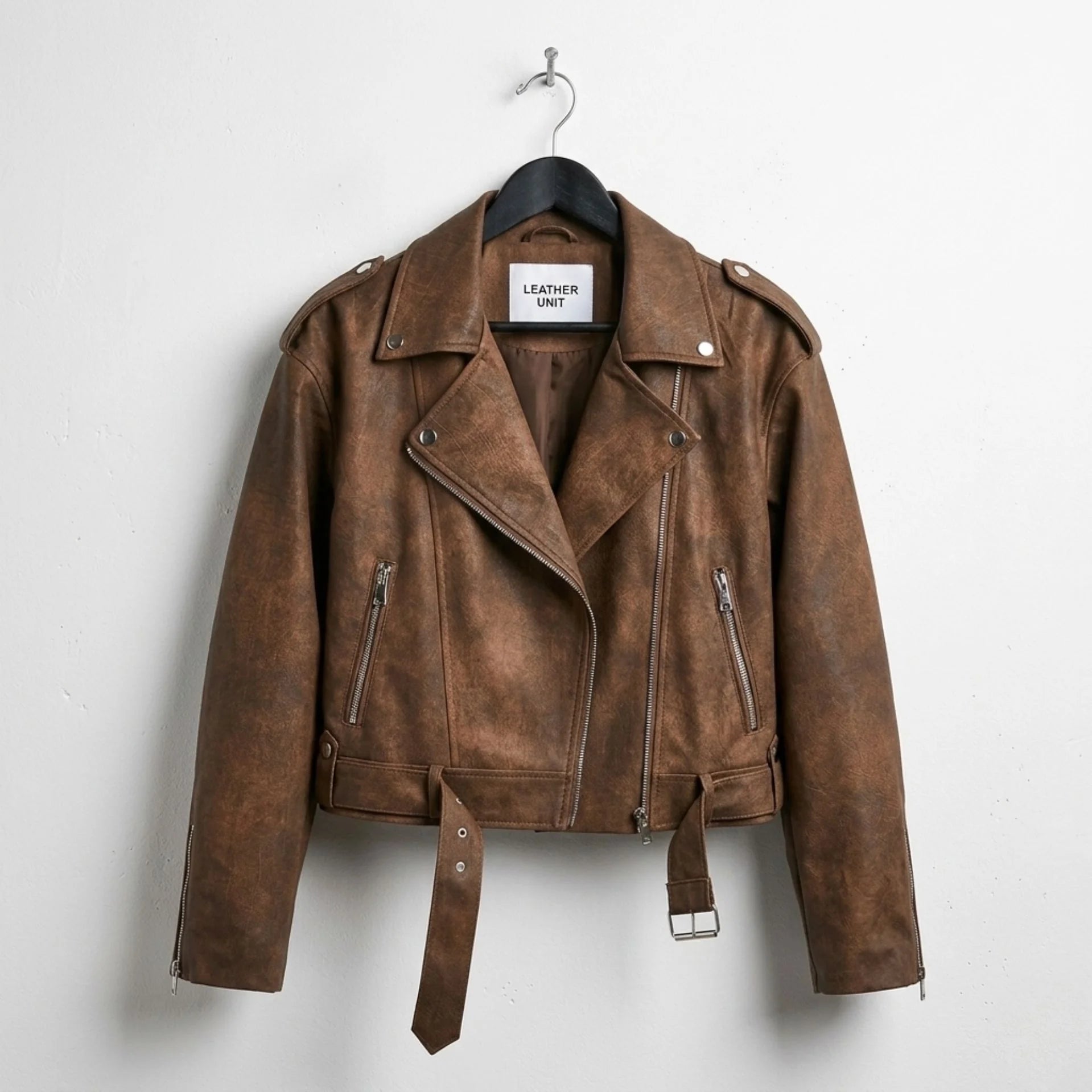 Front view of womens distressed brown biker leather jacket by Leather Unit
