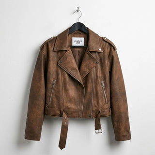 Front view of womens distressed brown biker leather jacket by Leather Unit