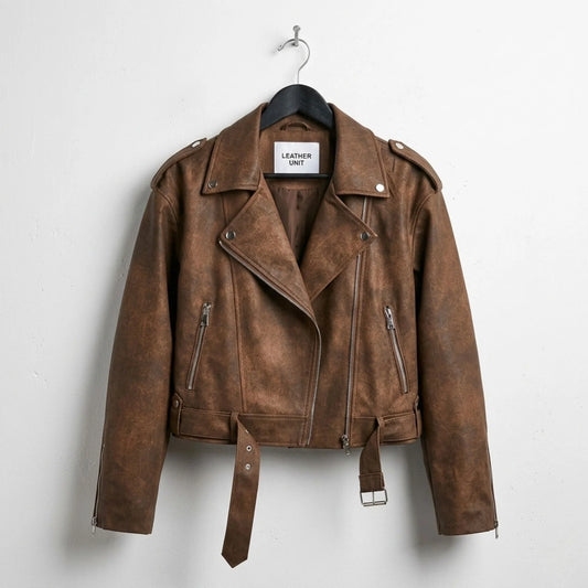 Front view of womens distressed brown biker leather jacket by Leather Unit