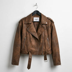 Front view of womens distressed brown biker leather jacket by Leather Unit