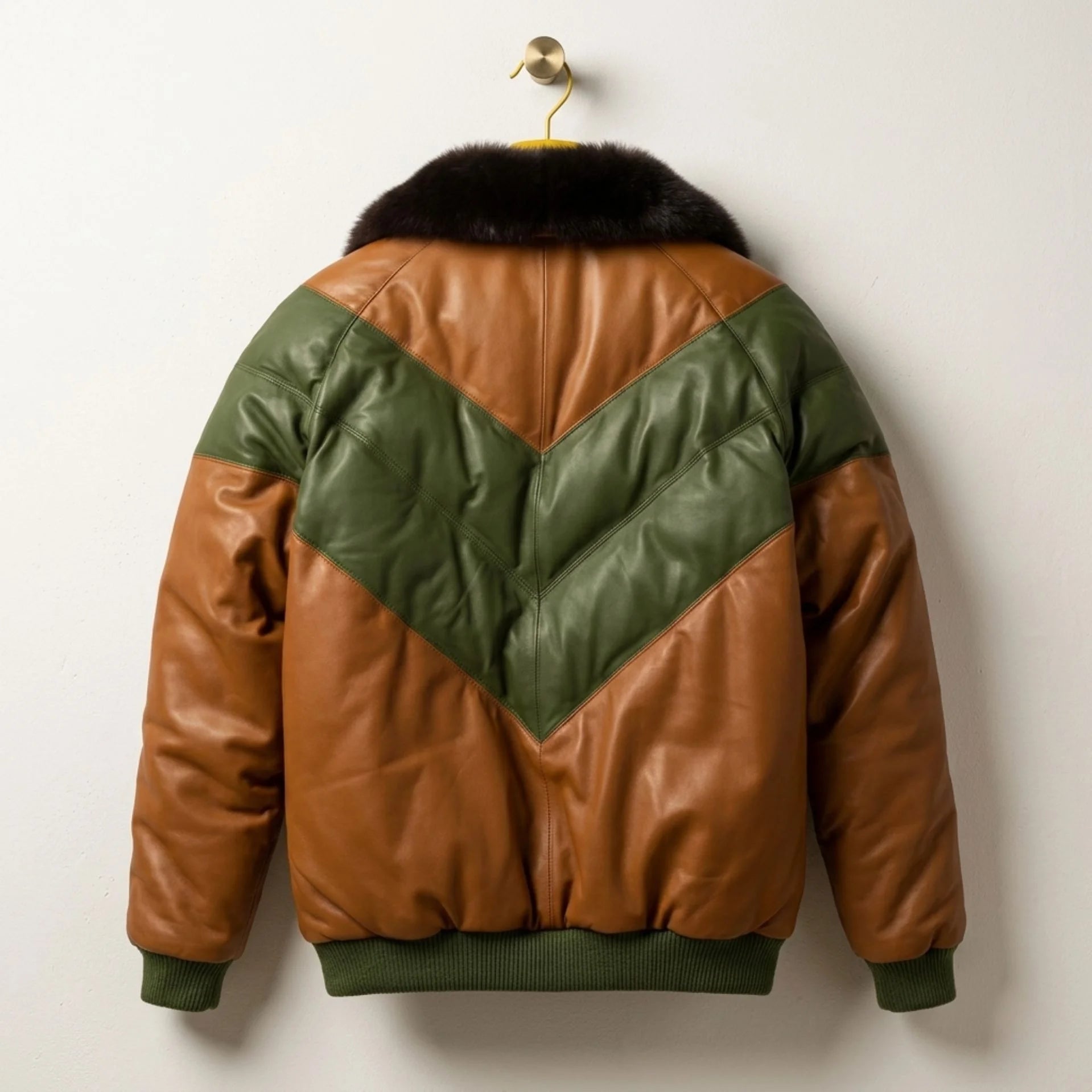 Brown Green Leather V-Puffer Jacket back view showing colorblock V design - Leather Unit