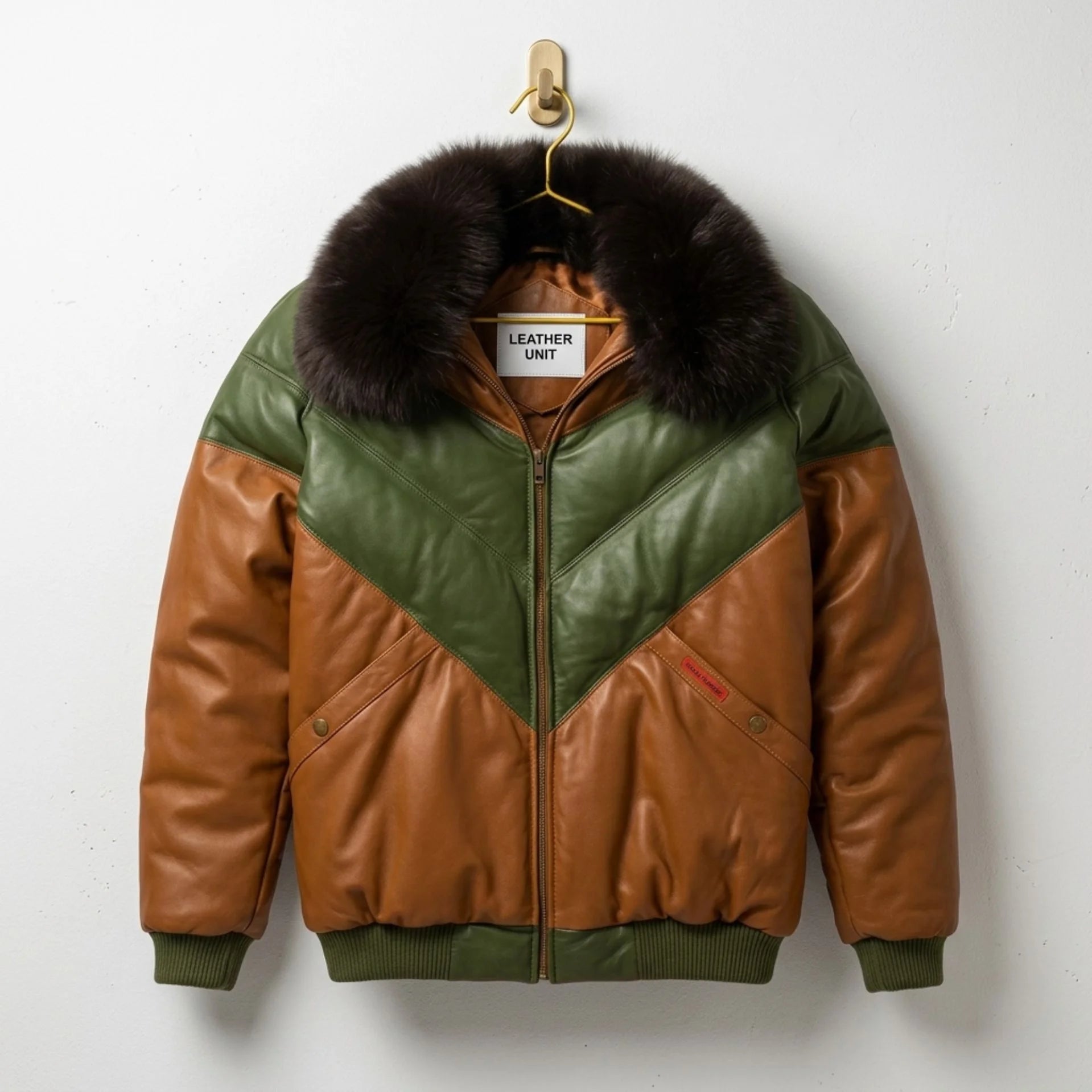 Men's Brown Green Leather V-Puffer Jacket front view with real fur collar - Leather Unit