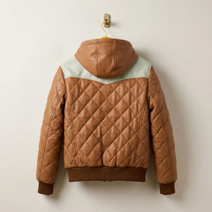Back view of Brown Hooded Leather Puffer Bomber Jacket with Diamond Quilting - Leather Unit