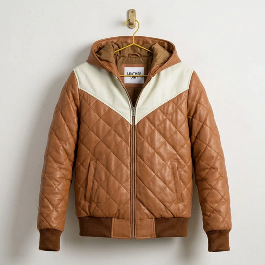 Men's Brown Hooded Leather Puffer Bomber Jacket front view - Genuine Leather by Leather Unit