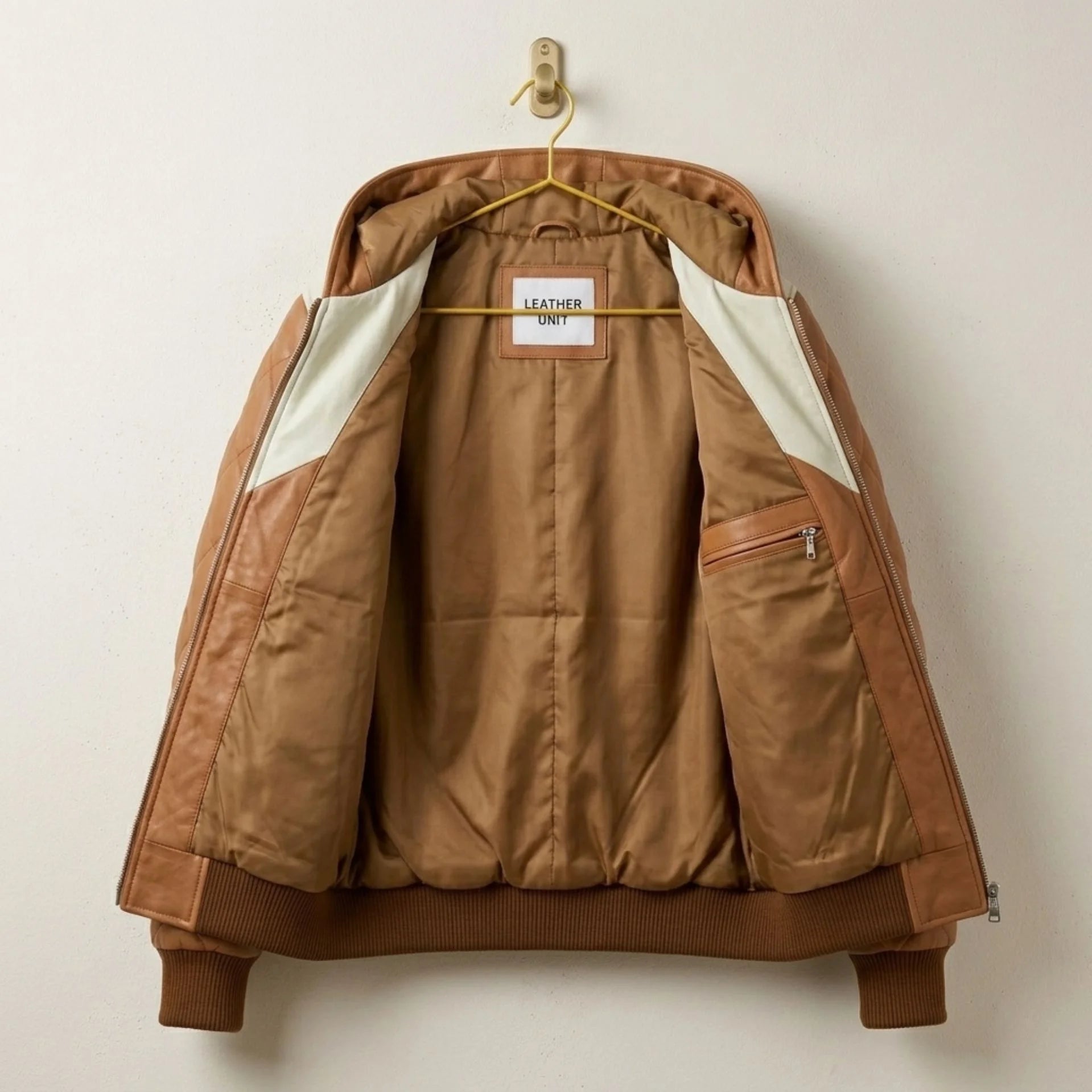 Interior view of Brown Leather Puffer Bomber Jacket with premium lining and Leather Unit tag
