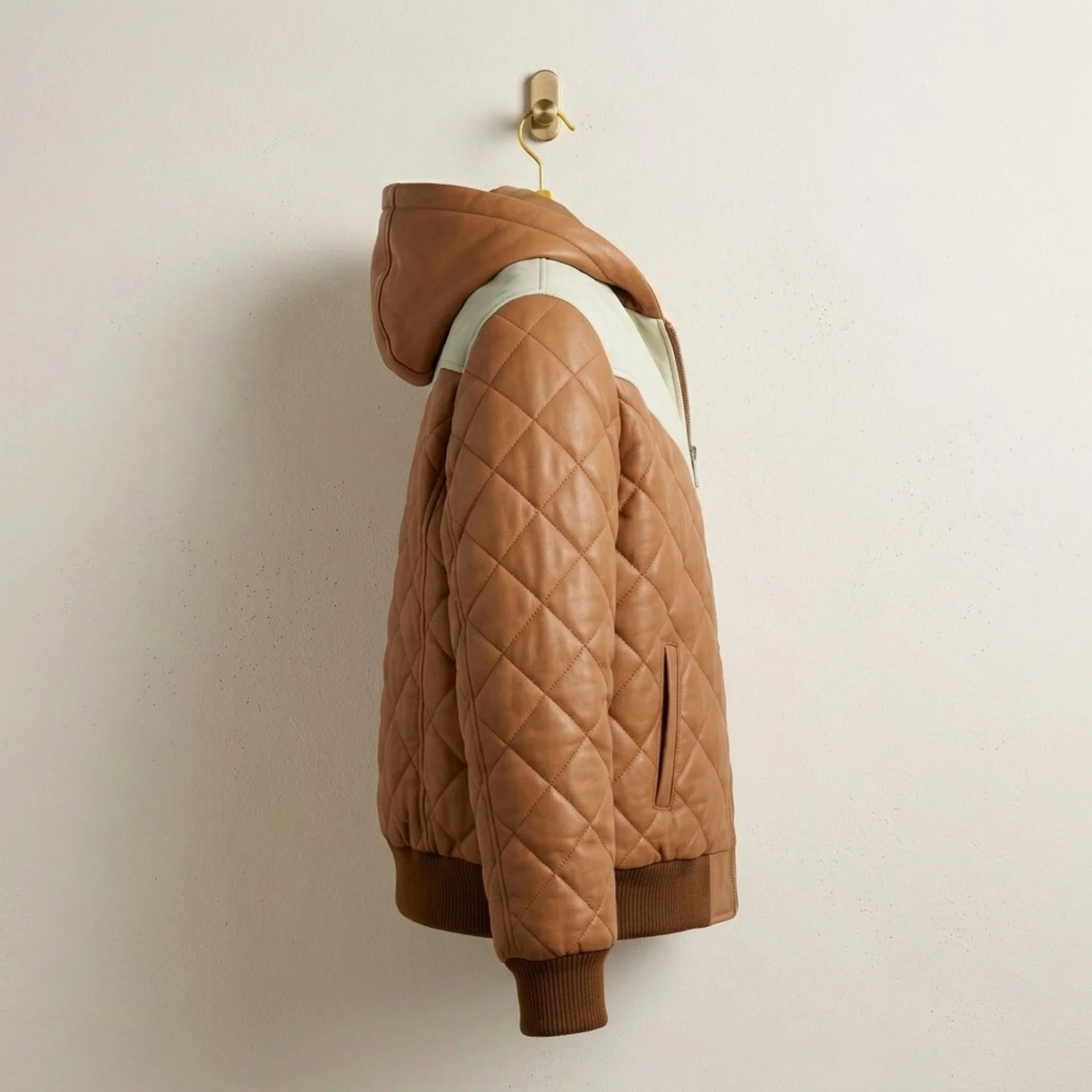 Side profile of Men's Brown Two-Tone Hooded Leather Puffer Jacket