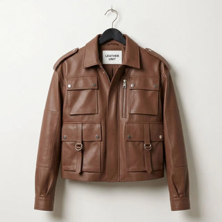 Front view of womens brown utility pocket leather bomber jacket by Leather Unit