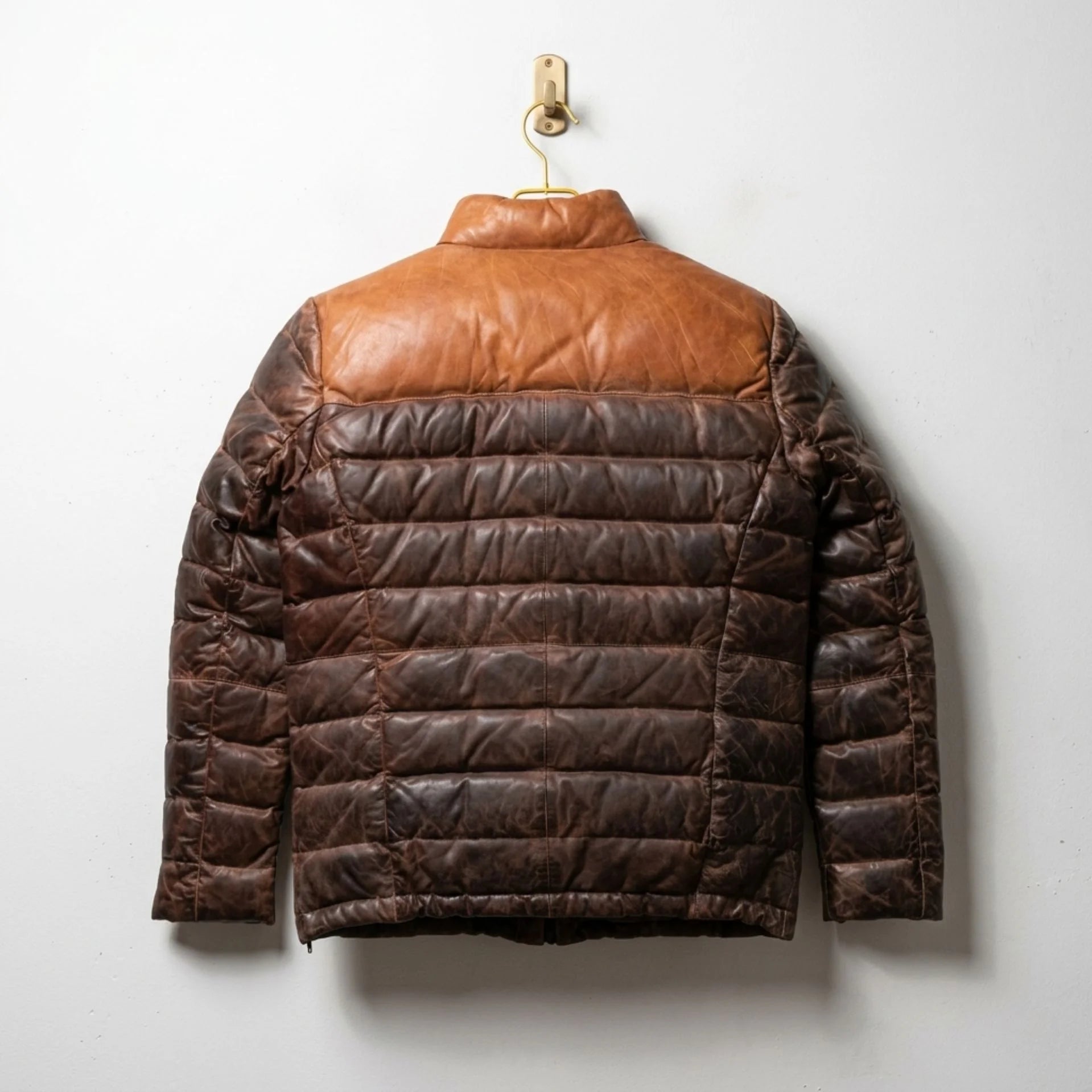 Back view of Brown Leather Down Puffer Jacket with horizontal quilting - Leather Unit