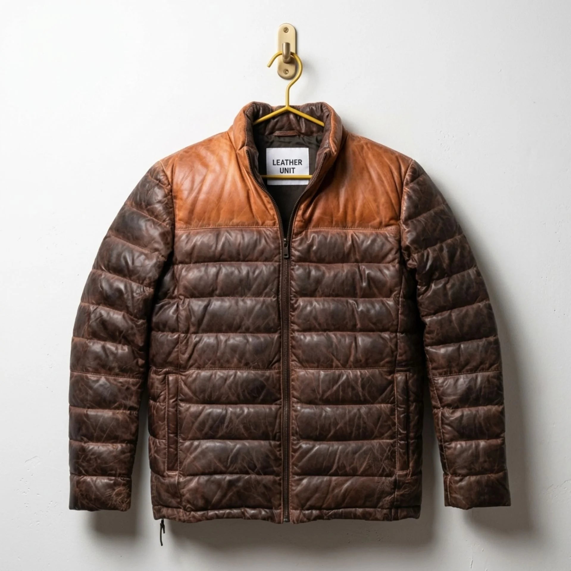 Men's Brown Leather Down Puffer Jacket front view - Premium Sheepskin by Leather Unit