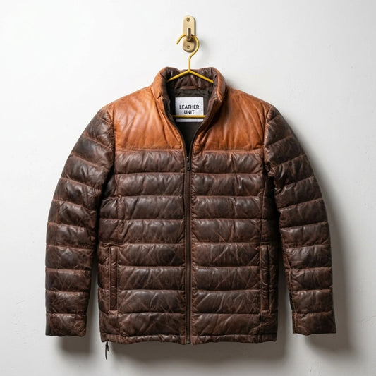 Men's Brown Leather Down Puffer Jacket front view - Premium Sheepskin by Leather Unit