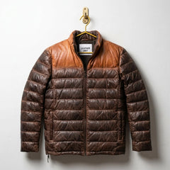Men's Brown Leather Down Puffer Jacket front view - Premium Sheepskin by Leather Unit