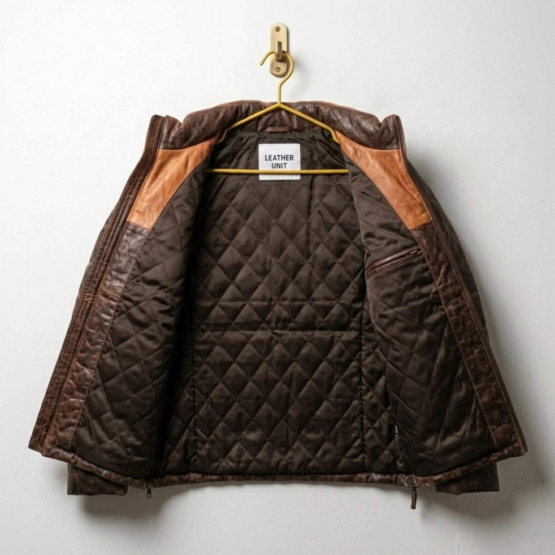 Interior view of Brown Leather Down Puffer Jacket with premium lining and Leather Unit tag