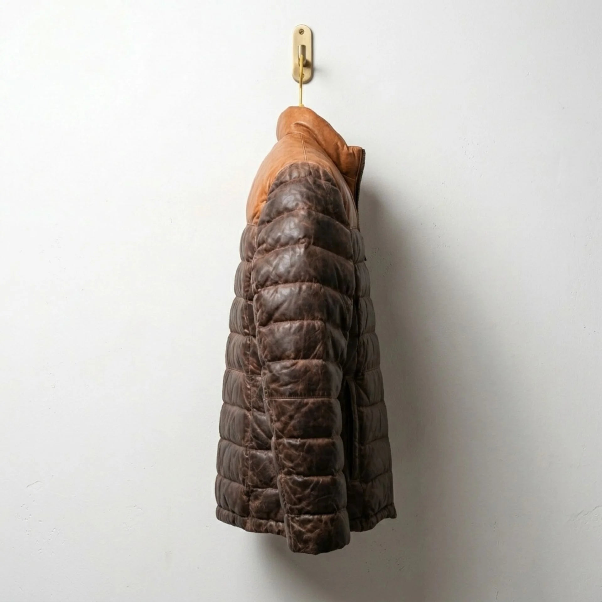 Side profile of Men's Two-Tone Brown Leather Down Puffer Jacket