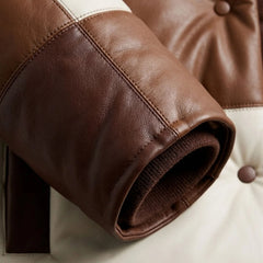 Detailed view of sleeve and cuff on premium lambskin puffer jacket