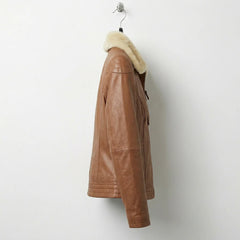 Side view of womens brown shearling collar leather bomber jacket