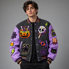 Front studio view of Candy Curse varsity jacket with pumpkin candy bucket, skull, black cat and spider web patches