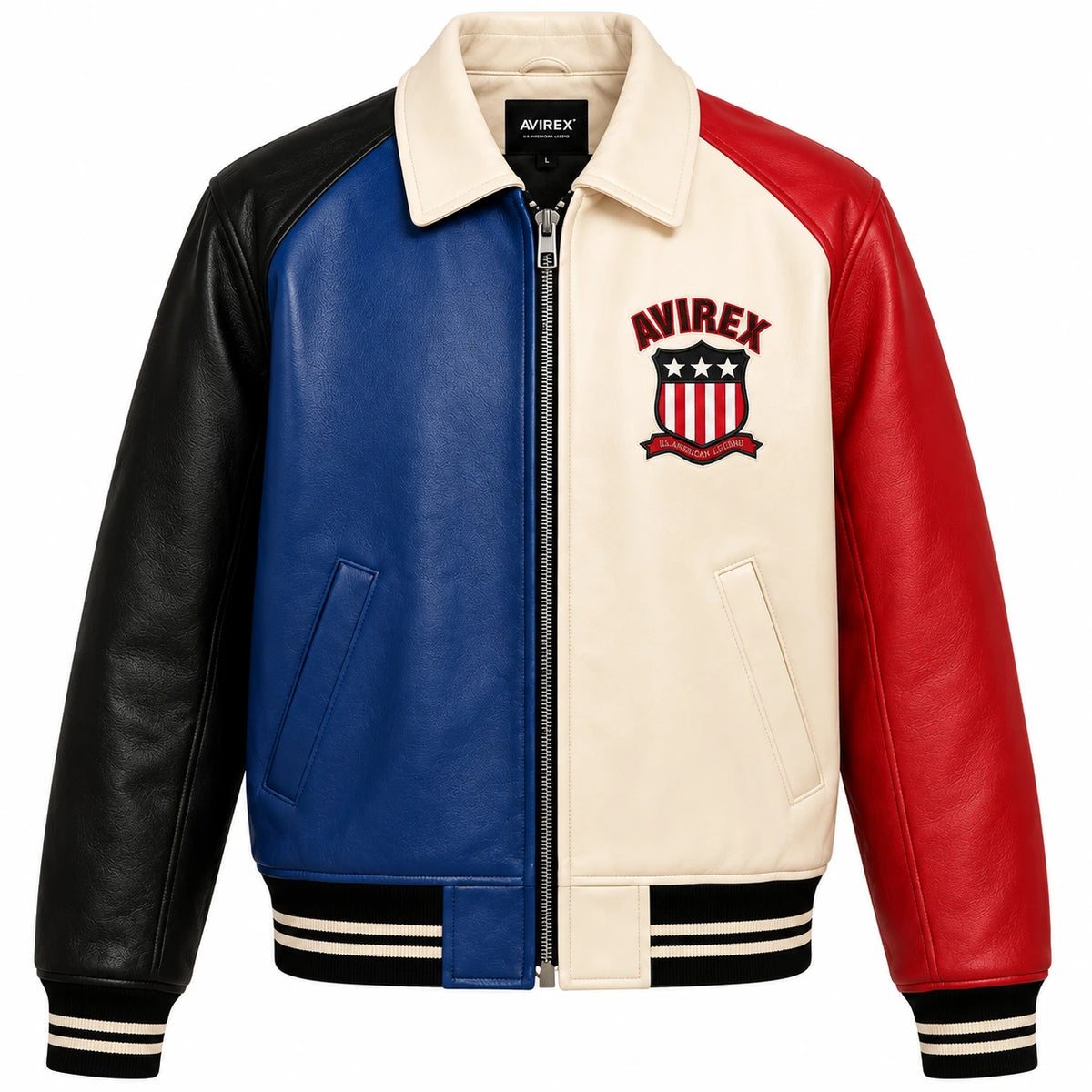 Front view of cream blue red and black color block leather varsity jacket with full zip and embroidered chest crest