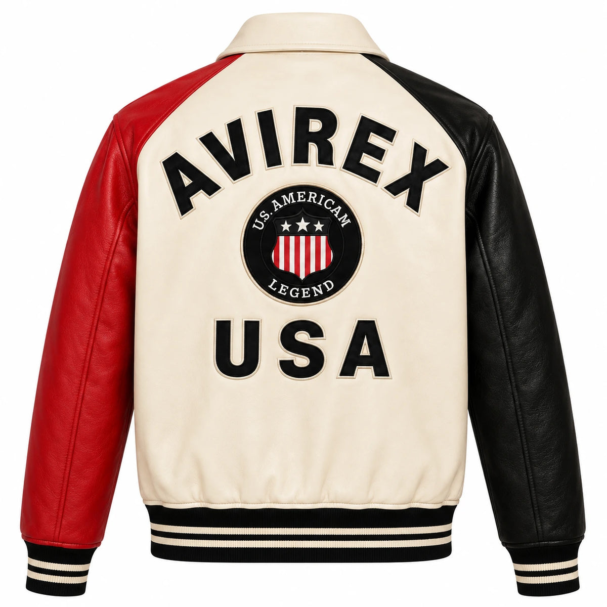 Back view of cream leather varsity jacket with red and black sleeves, large USA lettering and embroidered crest