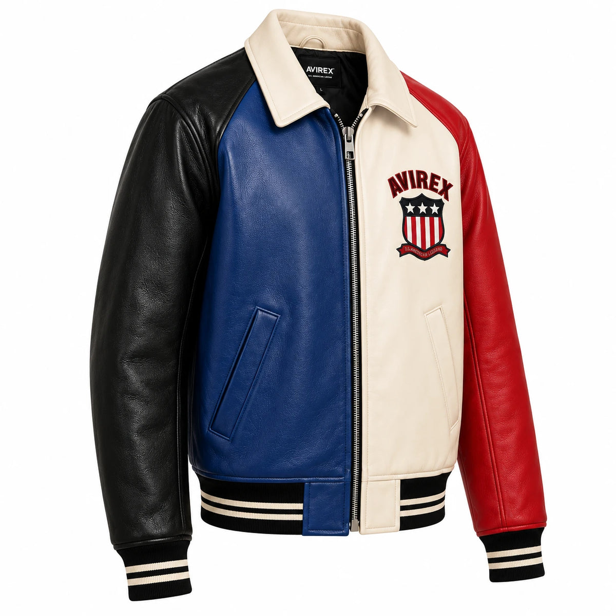 Three-quarter view of multicolor leather varsity bomber showing blue cream panels, contrasting sleeves and angled pockets