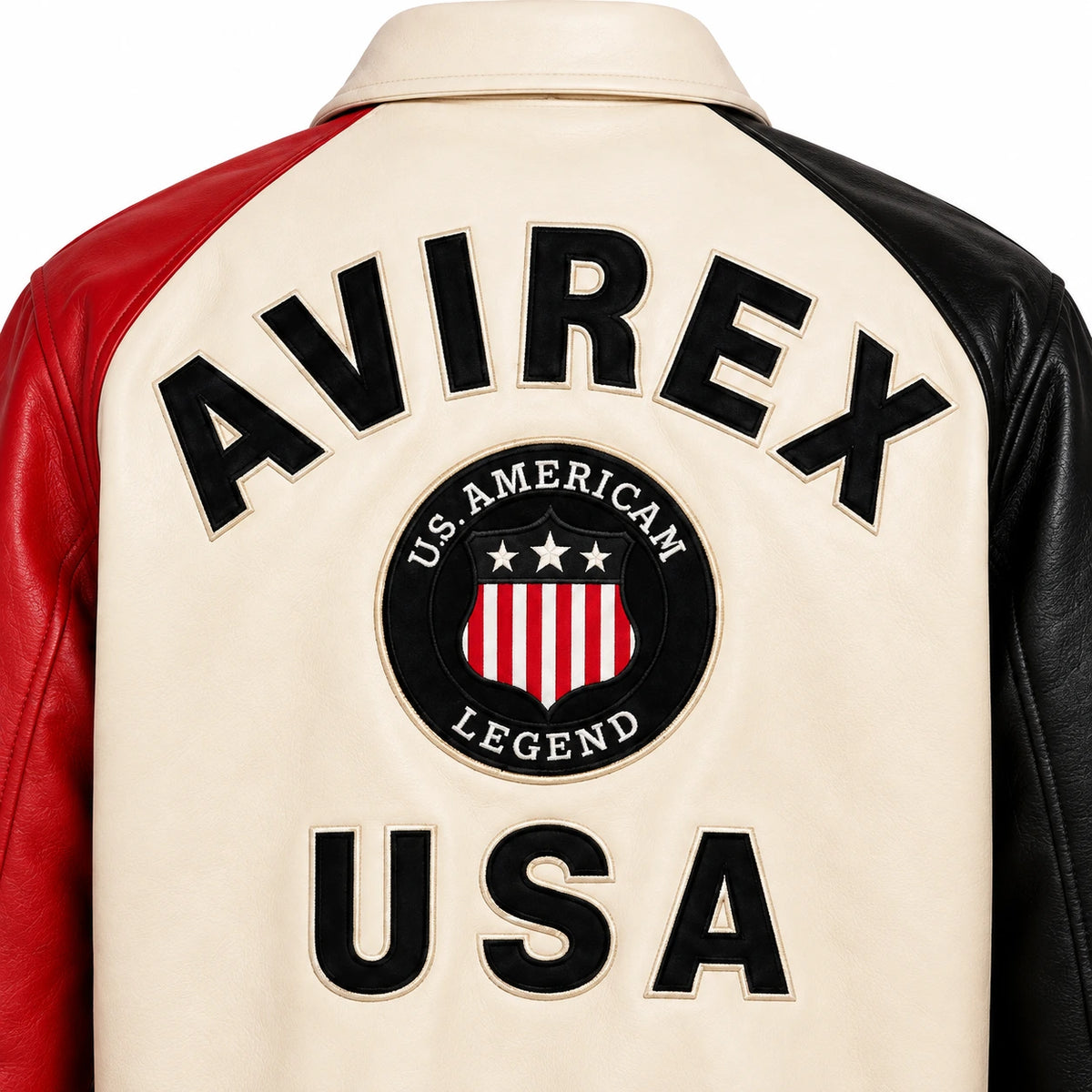 Close-up of cream leather jacket back with oversized black lettering, circular American-style crest and USA graphic
