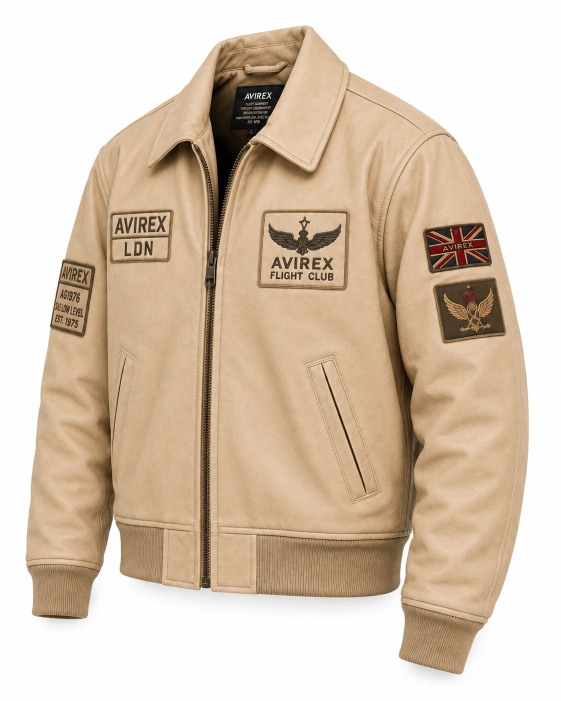 Angled cream leather aviator bomber with zip front, Flight Club patches, Union Jack sleeve patch and ribbed trims