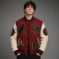 Male model wearing the Crimson Manor Halloween Varsity Jacket in a front studio view