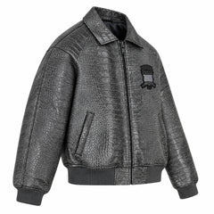 Charcoal crocodile-embossed leather bomber jacket angled front view with zip closure, collar and ribbed trims