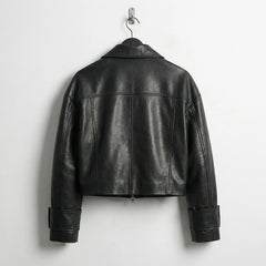 Back view of cropped black leather jacket for women