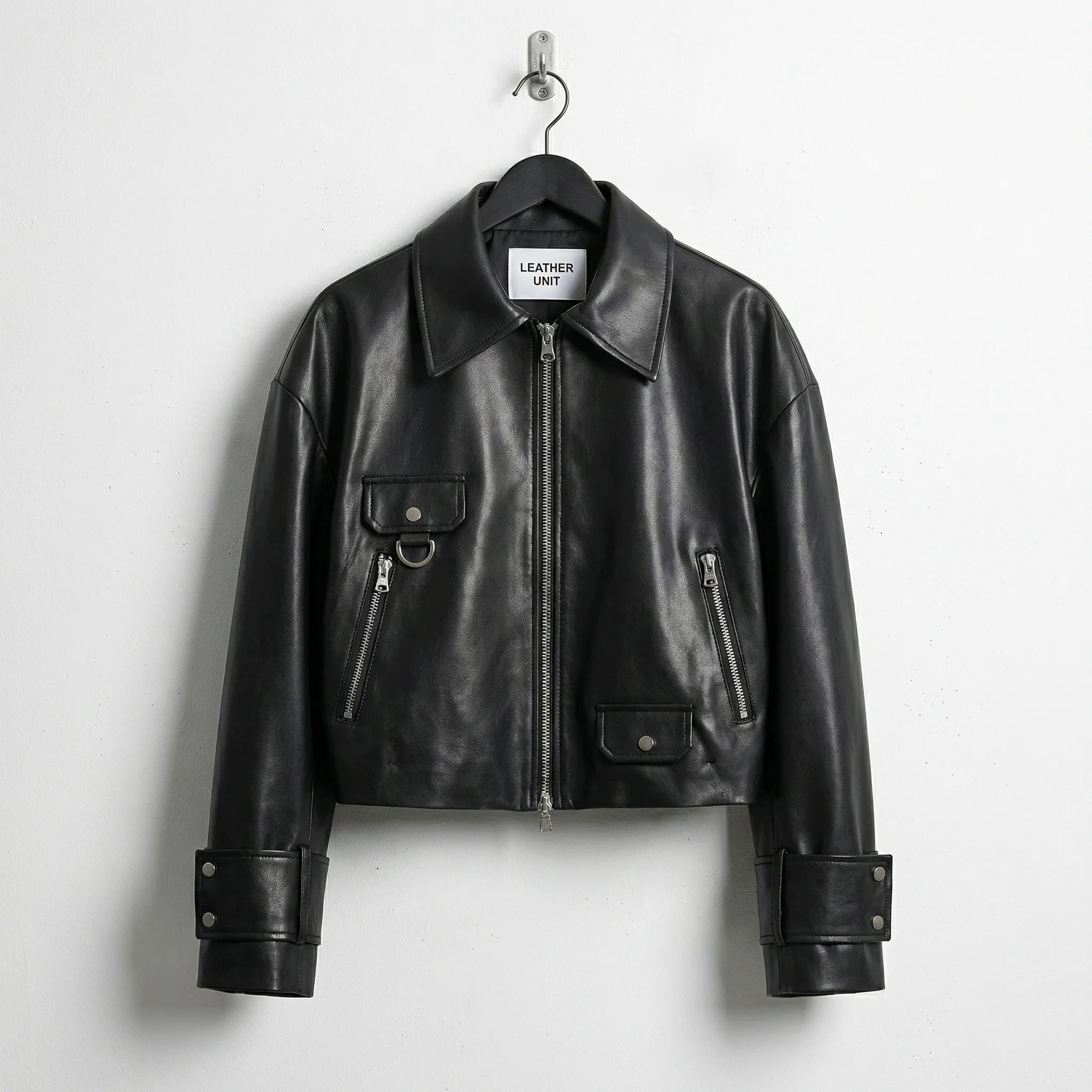 Front view of womens cropped classic black leather jacket by Leather Unit