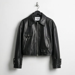 Front view of womens cropped classic black leather jacket by Leather Unit