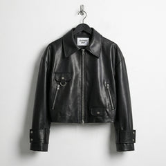 Front view of womens cropped classic black leather jacket by Leather Unit
