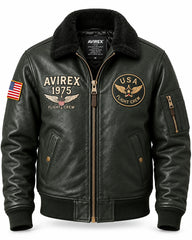Dark olive flight bomber jacket front with plush black collar, USA patches, gold-tone zip and ribbed trims