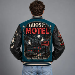 Back model view of Ghost Motel Halloween jacket with haunted motel, ghosts, full moon and No Vacancy artwork