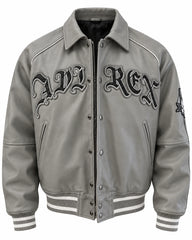 Front view of grey leather graphic bomber jacket with gothic-style lettering, angled pockets and white shoulder piping
