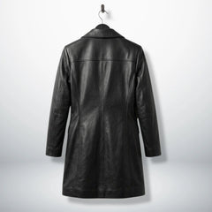 Back view of longline black leather coat with tailored seams