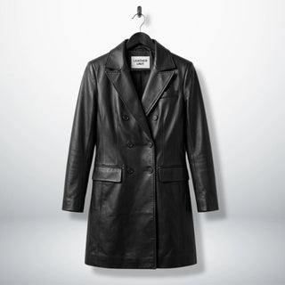Front view of women’s double breasted black leather coat by Leather Unit
