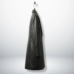 Side profile of long black leather coat for women