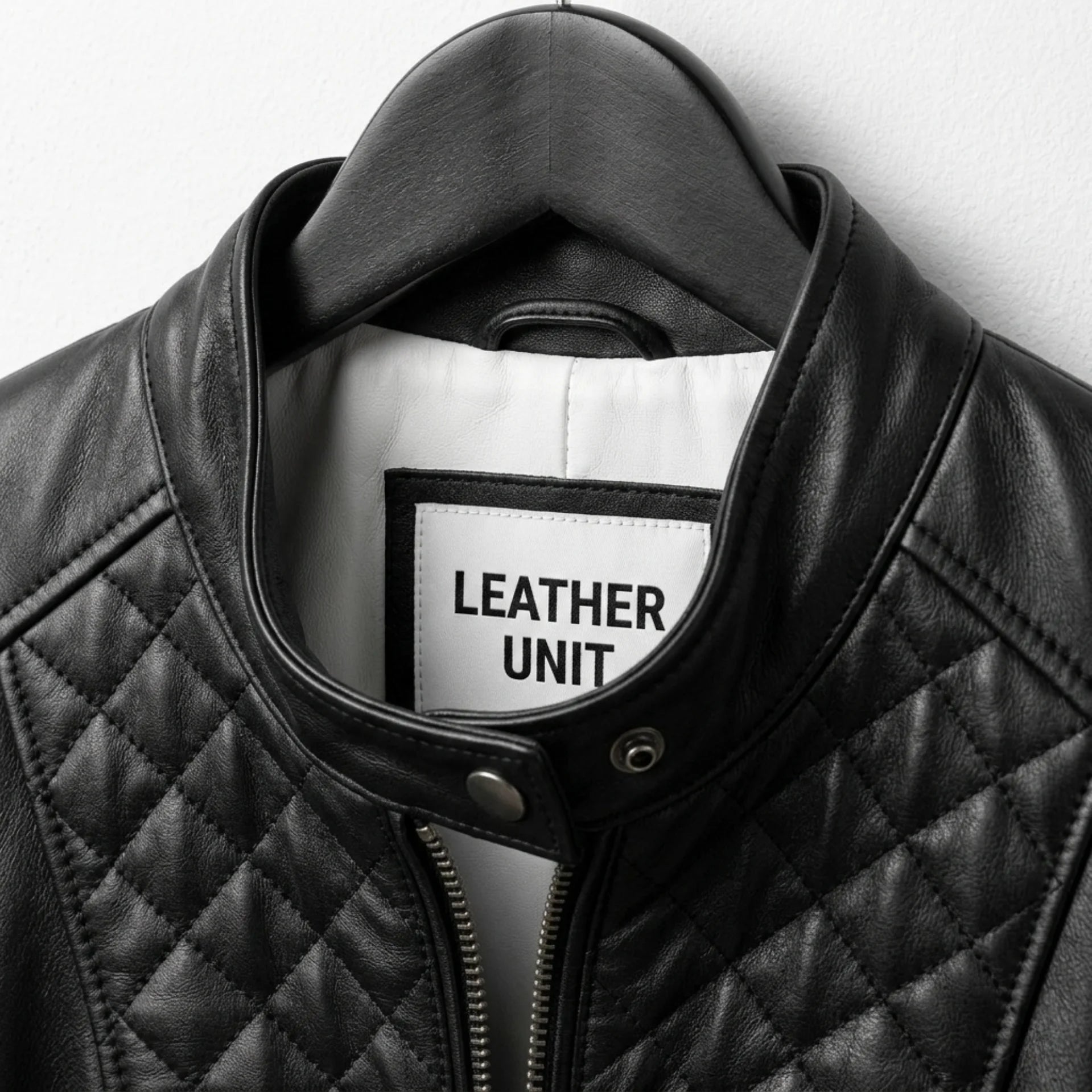 Close-up of snap collar and label on Leather Unit black quilted jacket