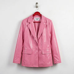 Front view of blush croc-embossed pink leather blazer for women by Leather Unit